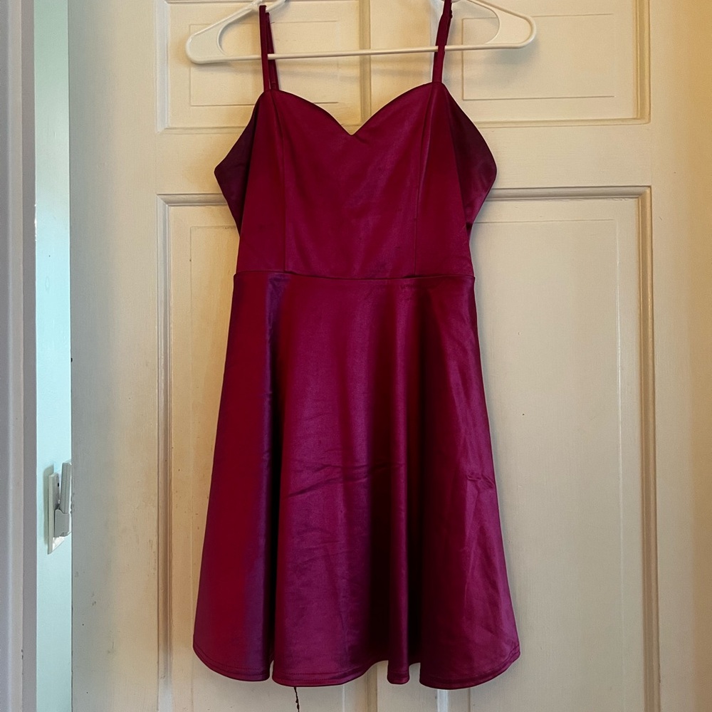 Lulus: happily yours magenta silk skater mini dress.
